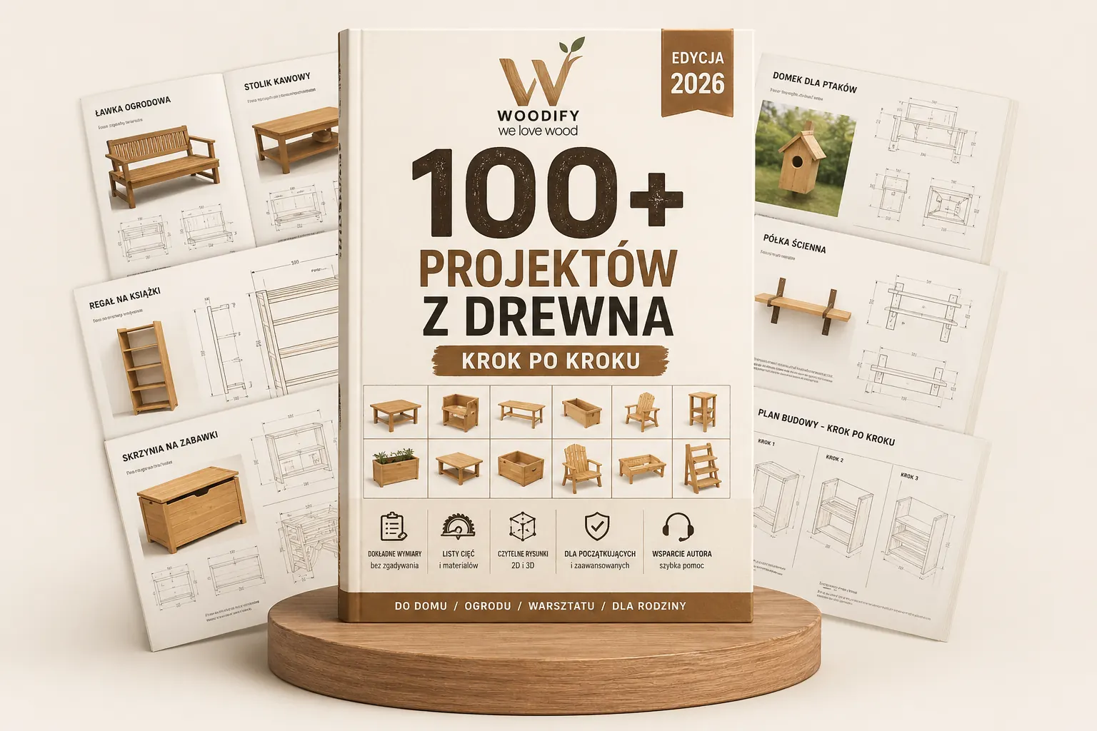Okładka zbioru 100 projektów z drewna i przykładowe strony planów: ławka ogrodowa, stolik kawowy, regał, domek dla ptaków